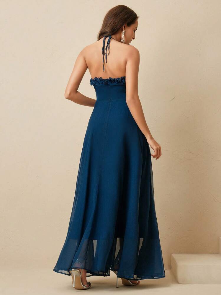 Vestido de cóctel elegante rojo sin mangas con la cintura ceñida, dobladillo con volantes, vestido de mini cóctel de alta gama - Azul - Añade 2