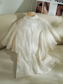 Modelyn Chemisier élégant pour femmes de couleur unie avec broderie florale au col noué, pour l'été - Nude - Voir 2