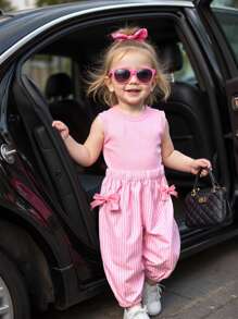 Set di abbigliamento per neonata in stile coreano casual e carino, con maglietta in maglia a scollo a V tinta unita e pantaloni lunghi a righe rosa in tessuto, abbigliamento esterno
