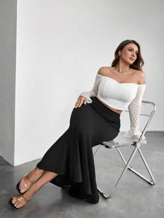 SHEIN Privé Plus Size Dam Enfärgad Elegant Sjöjungfrukjol med Resår i Midjan