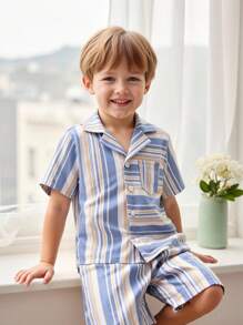 SHEIN Young Boy Summer Striped Collar Pocket Shirt And Shorts Set,Matching Family Vacation Outfit,2 Pieces Suit For Kids,Daily Outings,College,Parties,4t - Multicolor - View 1