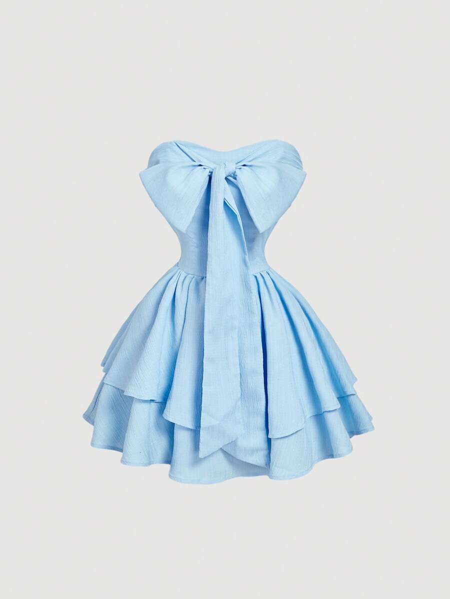 SHEIN MOD Vestido corto de vacaciones con diseño de lazo y nudo azul, vestido de primavera para mujer - Azul - Ver 1