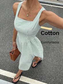 Siren Gaze Women Striped Printed Square Neck Sleeveless Mid-Calf Dress, Summer