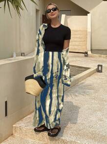 DAZY 2 件女式夏季印花衬衫和裙子休闲度假套装，秋季女装 - 霧霾藍 - 查看 4