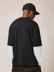 SUMWON Áo thun tay dài hai lớp oversize nhiều lớp hiệu ứng thời trang dạo phố thoải mái thường ngày bằng cotton thiết yếu cho mùa thu đông - Đen và trắng - Xem 2