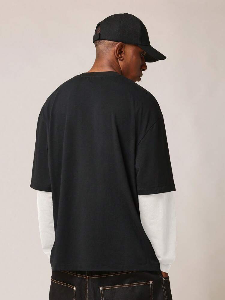 SUMWON 오버사이즈 더블 레이어 긴팔 레이어드 이펙트 티셔츠 스트릿웨어 캐주얼 편안한 면 필수 가을 겨울