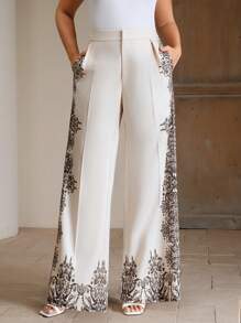 Anewsta Plus Size Women Elegant High-Rise Straight Printed Long Suit Pants - Apricot - View 3