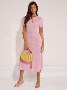 COSMINA Đầm dài tay ngắn trang trí khóa kim loại thanh lịch cho nữ, mùa xuân/hè nghỉ dưỡng - Màu Hồng baby - Xem 4