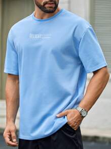 Manfinity VCAY 男士夏季新款浅蓝色螃蟹图案T恤，趣味海洋主题设计，宽松版型，男士休闲螃蟹印花针织宽松圆领T恤，适合日常穿着。 - 藍色 - 查看 5