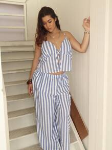Dripcurv Conjunto de 2 piezas de top halter estampado con rayas y pantalones largos para mujer de talla grande, adecuado para uso diario y vacaciones - Azul - Ver 4