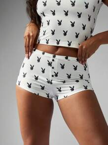 Missguided x Playboy Conjunto de dos piezas de pijama con estampado de conejitos para uso en vacaciones: shorts para dormir y top corto, de cintura alta, para uso casual y de ocio