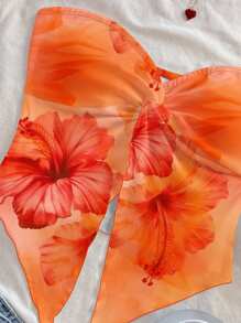 Soleia Casual Resort Style Orange Tie-Dye Tropical Hibiscus Floral Print Sexy Women's Asymmetric Hem Strapless Top, Suitable For Summer Beach Vacation,Tube Top - Multicolor - View 6