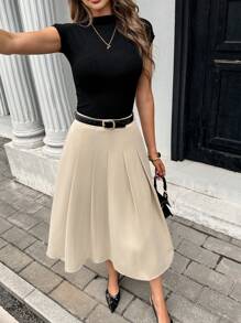 Pariaura Women's Khaki Casual Long Woven Fabric Pleated Skirt With Zipper Detail Elegant Skirt Elegant Midi Skirt Women Clothing Elegant Fall Cloth For Women