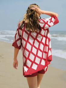 Maija Women's Red And White Color Block Square Pattern Summer Casual Beach Dress,Loose Front Tie Knot V-Neck Batwing Sleeve Boho Vacation Holiday Autumn - Red and White - View 3