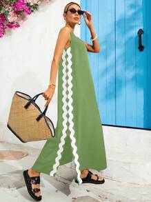 Vivid Eden 纯色梭织宽松无袖女长裙配水溶蕾丝 - 薄荷綠 - 查看 6