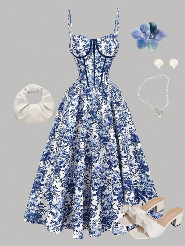 Girlism Vestido de niña adolescente con estructura de corsé, con estampado floral en el bustier, contraste de rayas azules y blancas en la cintura, para vacaciones, vestidos de verano, atuendos de campo, ropa de playa, vestidos de primavera, vestidos de Pascua, vestidos de verano, vestidos de té