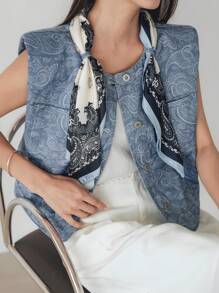 Dazy-Less Women's 2 Pieces Set: Loose Fit Plant Ditsy Floral Jacket With Scarf Decor, Casual/Business Commuter Elegant Office Wear, Spring, Summer, Autumn - Blue - View 6