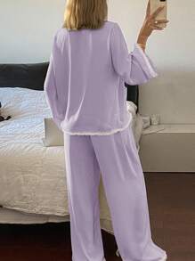 DAZY Spring Satin And Lace Ruffle Trim Decor Women's Pajama Set, Fall Clothes - Mauve Purple - View 2