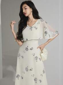 Heiryn Women's Floral Sequin Patchwork Ruffle Hem Elegant Mid-Length Dress - Apricot - View 8