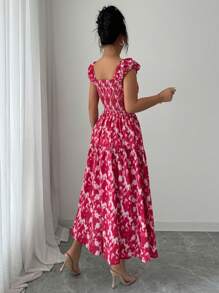 Elenzga Robe maxi bohème d'été pour femmes, blanche à fleurs, élégante, encolure carrée, taille froncée et cintrée, nœud devant, manches bouffantes, jupe à volants, pour vacances et tea party - Multicolore - Voir 2