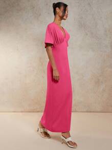 COSMINA Vestito lungo elegante da donna con scollo a V, maniche a pipistrello, vita stretta, colore unito