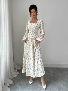 Modelyn French Elegant Ditsy Floral Square Neck Tie Waist Midi Dress