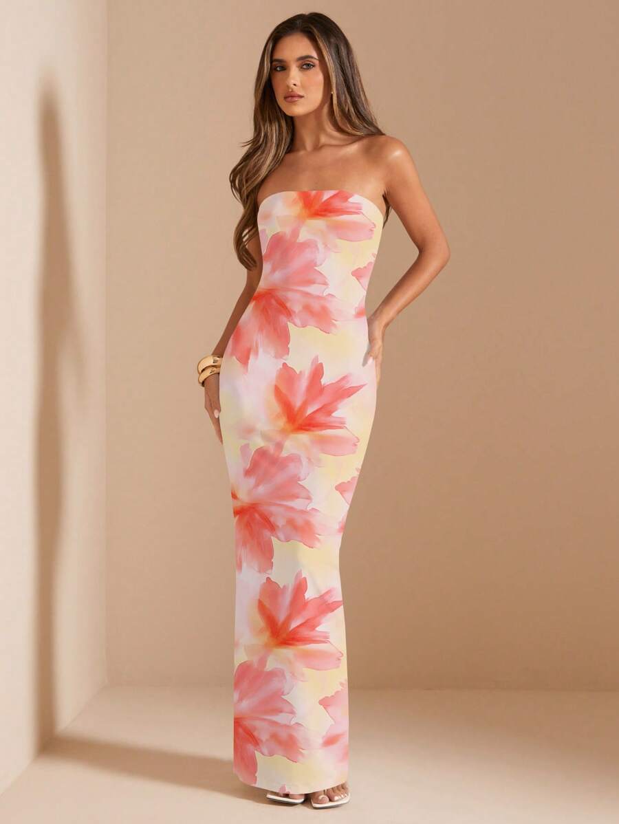 SHEIN BAE 抹胸款式修身基本款连衣裙/奶油黄色/奶油黄色碎花连衣裙/夏日海滩度假/海岛度假连衣裙/生日派对连衣裙 - 彩色 - 查看 1