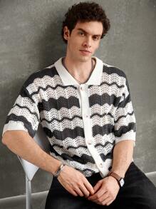 Manfinity Hypemode Herren Kontrast Farbe gestrickt Cut Out Kurzarm lässige schulterfreie single-breasted Top - Schwarz und Weiss - Übersicht 3