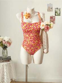 Swim Mod 1pc Women Vacation Floral Print Ruched Wide Strap One-Piece Swimsuit For Summer - Multicolor - View 3