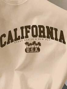 Manfinity Joysei 标准尺寸男士休闲简约“加利福尼亚”字母印花卡其色圆领 T 恤（面料），适合夏季 - 卡其色 - 查看 2