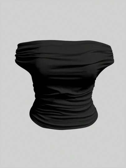 INAWLY 大码女式纯色褶皱露肩短款修身 T 恤