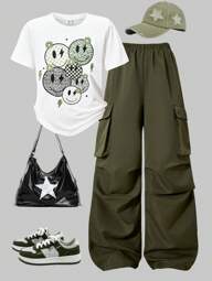 SHEIN HYPEME Kids 2 Piece/Set Teen Girls Letter Print Round Neck T-Shirt + Cargo Pants, Casual Streetwear Style Outfit Set For Teens