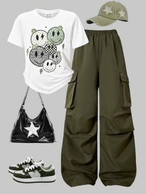 SHEIN HYPEME Kids 2 Piece/Set Teen Girls Letter Print Round Neck T-Shirt + Cargo Pants, Casual Streetwear Style Outfit Set For Teens