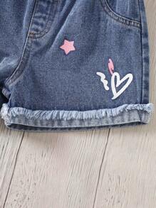 SHEIN 2pcs Young Girl Casual Set: Round Neck Lace Trim Sleeve Top And Denim Shorts - Pink - View 4