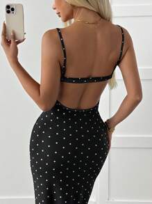 SHEIN EZwear Váy không tay in chấm bi đen cho nữ - Đen và trắng - Xem 4