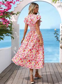 Vivid Eden 夏季周末约会连衣裙，女士V领荷叶袖修身连衣裙，收腰设计，A字裙摆飘逸，适合夏季海滩度假、返校季、简约日常、办公室着装、优雅气质、教师装、约会、独立日、毕业季、周末婚礼季、姐妹下午茶聚会、节日庆典等场合，波西米亚风女装 - 彩色 - 查看 2