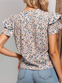 INAWLY Women Summer Ditsy Floral V-Neck Ruffle Short Sleeve T-Shirt - Multicolor - View 2