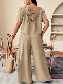 Weeklong Conjunto informal de 2 piezas de talla grande con top de manga corta y pantalones de unicolor holgado para mujer, conjunto de verano informal de 2 piezas, conjunto de salón de 2 piezas para mujer de talla grande - Caqui - Ver 5