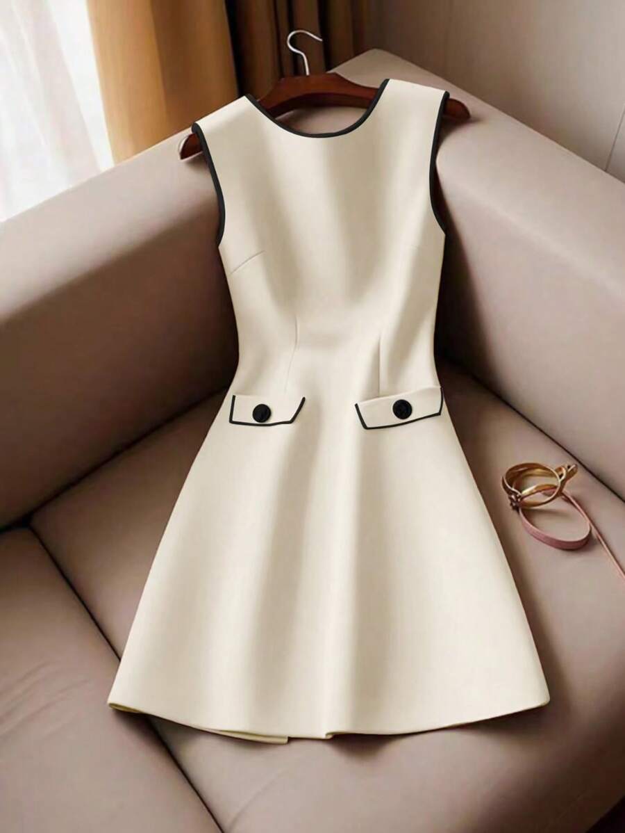 Franclia 女士优雅黑白撞色无袖装饰口袋可爱中长连衣裙，适合通勤