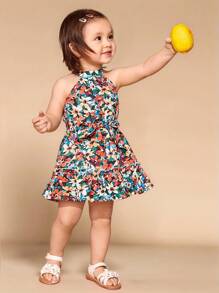 Travachic KIDS Baby Girl Floral Print Ruffle Hem Belted Halter Dress - Multicolor - View 1