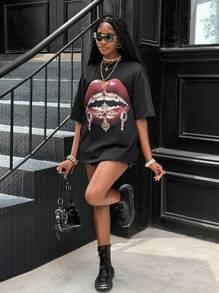 Coolane 女士和男士夏季街头情侣装嘻哈图案黑色超大T恤