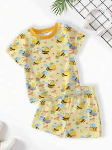 Camiseta de manga corta y cuello redondo de estilo minimalista informal con estampado de abeja y flor para bebé niña, adecuada para el verano