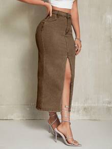 SHEIN SXY Women's Casual Solid Color Split-Hem Fitted Denim Mini Skirt Brown Denim Skirt Long Skirt With Slit - Coffee Brown - View 4