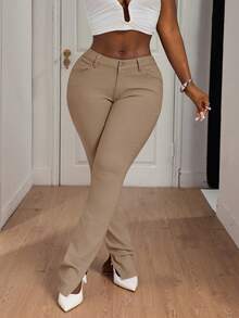 SHEIN SXY Quần Jeans Nữ Ống Loe Thường Ngày Đa Năng - Màu be - Xem 3