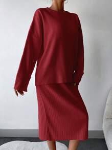 EURMUSE Chất rắn Thả vai Áo len & Váy - Màu Đỏ Sâu - Xem 5