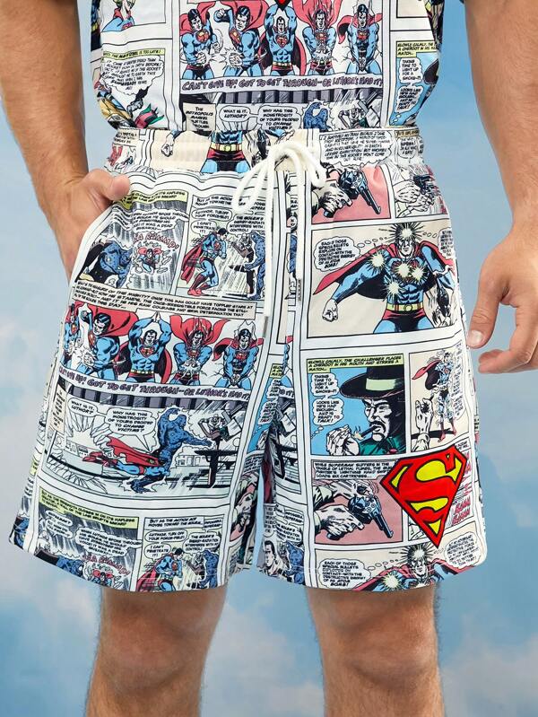 SUPERMAN X SHEIN Men's Casual Cartoon Hero Pattern Drawstring Waist Loose Shorts With Side Pockets, Summer