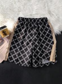 SHEIN Explorewe شورت كاجوال مطبوع عليه حرف مع ربطة خصر للأولاد المراهقين - الأسود - مشاهدة 7