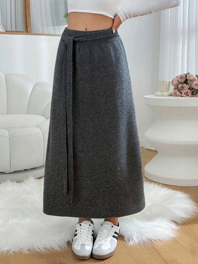 EURMUSE Women Solid Color Belt Detailed Midi Sweater Skirt Grey Skirt Long Skirt Wrap Around Skirt Belt Skirt Two Piece Set Women Skirt Fall Women Clothes