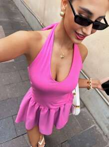 SHEIN Unity Mini Backless Halter Neck Solid Color Dress, Summer - Pink - View 5