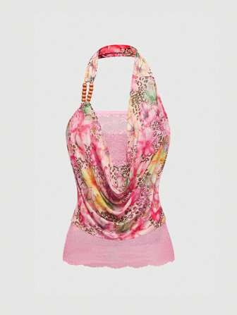 J-Fashion Summer Hawaii Vacation Y2K Floral Print 2 In 1 Lace Halter Ribbed Crop Top